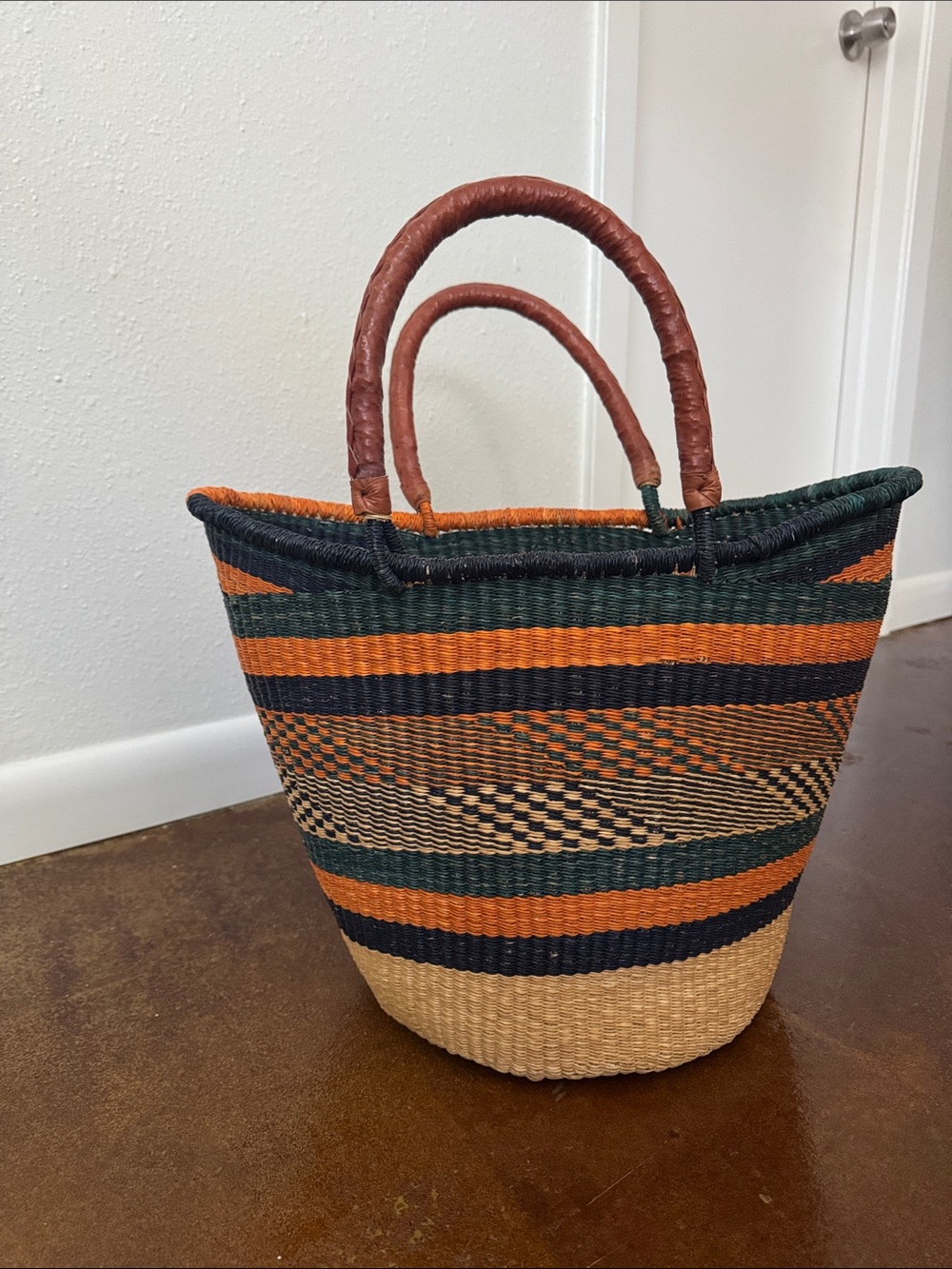 Handwoven Women's Straw Tote Bag in Orange, Aqua, & Natural